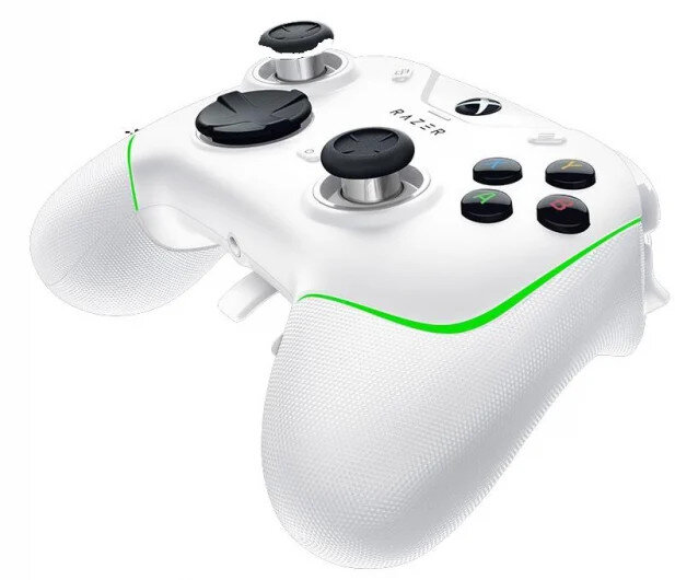 Biały kontroler Razer Xbox z przyciskami, joystickami i zielonymi akcentami.