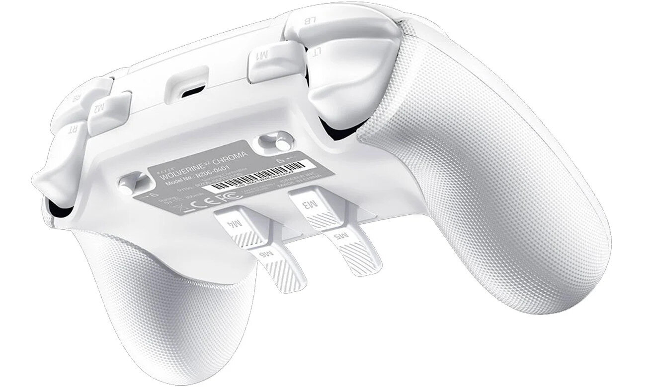 Biały kontroler do gier, widok od spodu. Marka Razer, z widocznymi przyciskami i spustami.