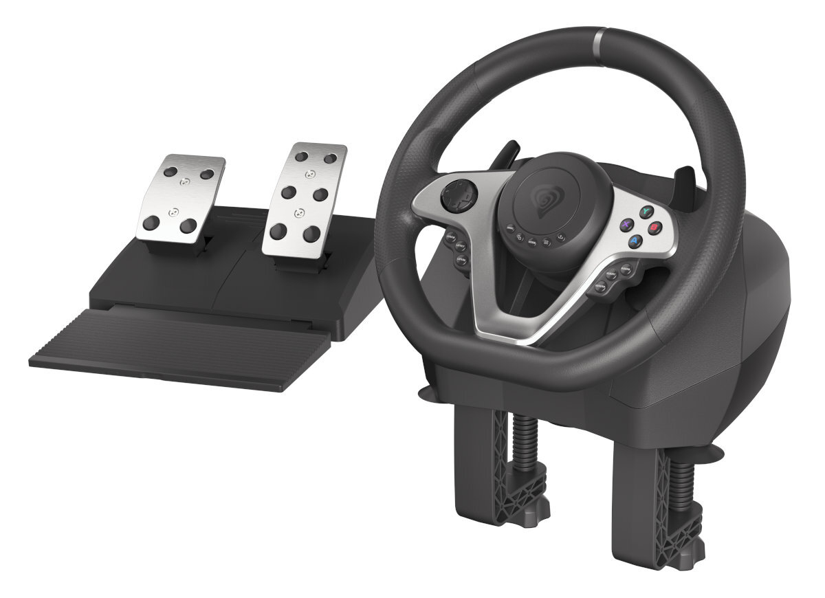 Kierownica do gier i pedały. Czarne i srebrne kolory, ze stojakiem na pedały.