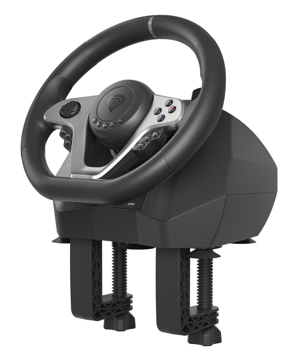 Czarna i szara kierownica do gier z przyciskami i zaciskiem.