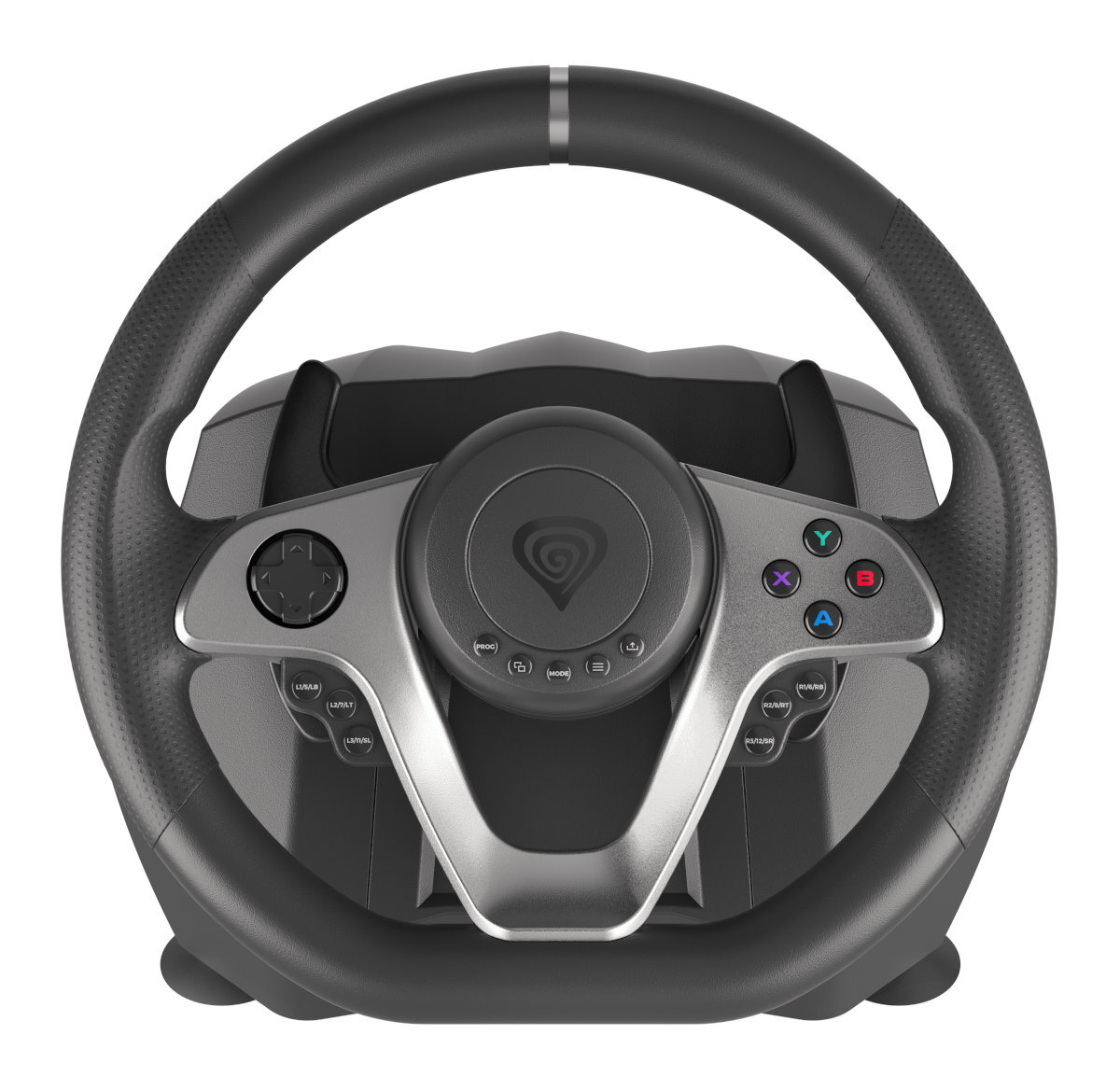Czarna kierownica Genesis z przyciskami i białym tłem.