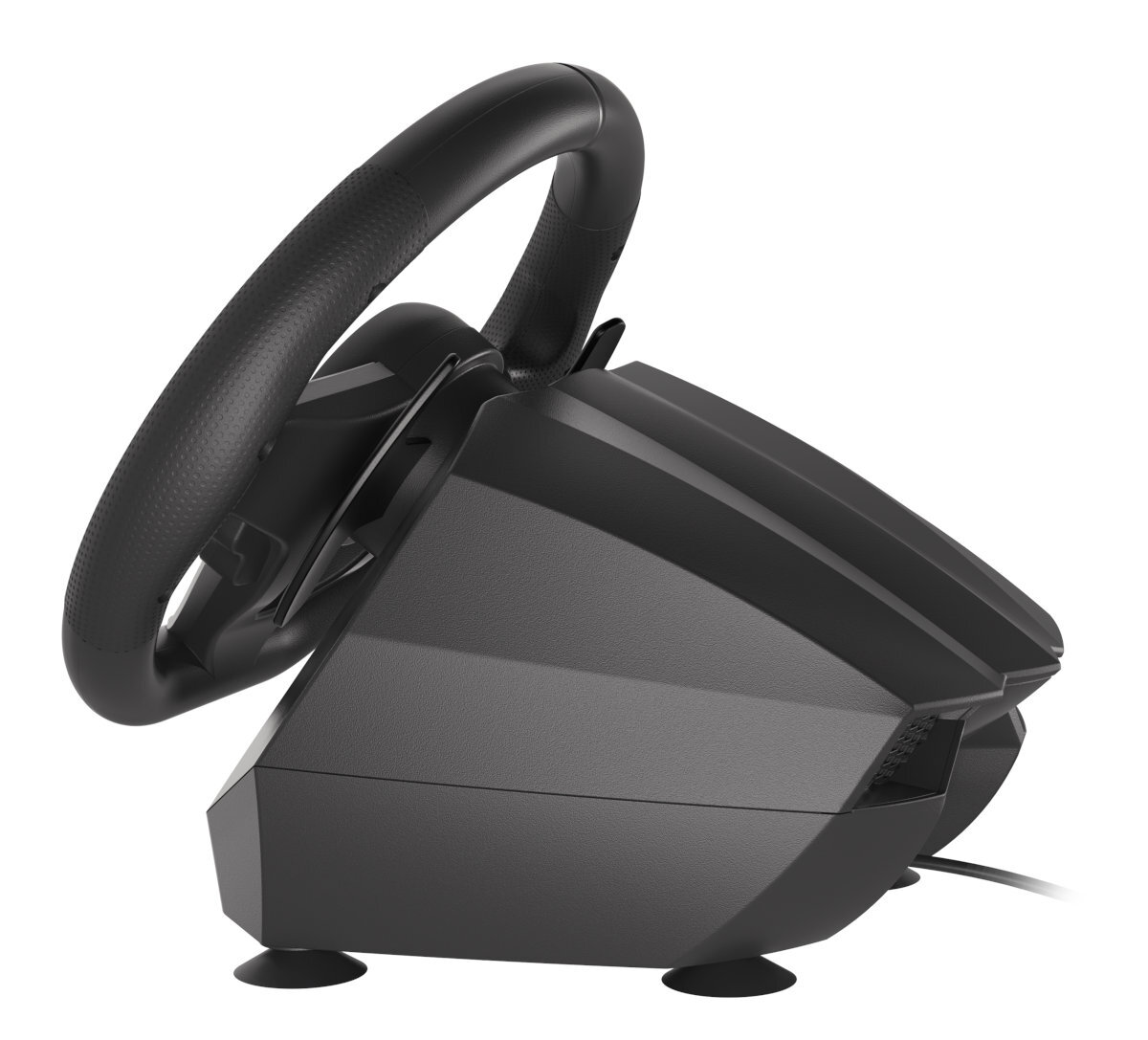 Czarna kierownica wyścigowa z czarną podstawą i pedałami na białym tle.