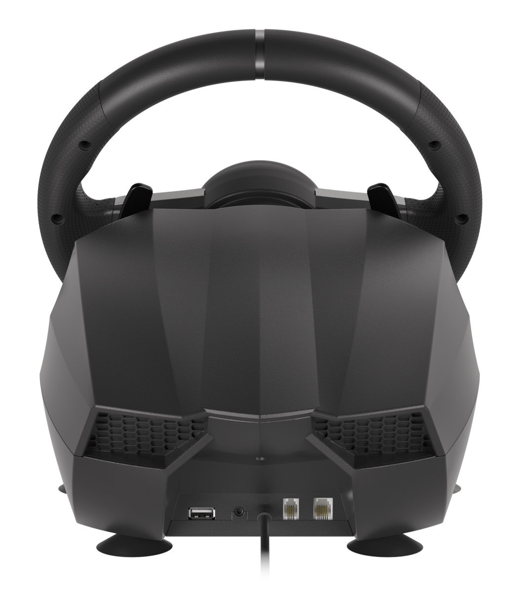 Czarna kierownica do gier z przyciskami i portami z tyłu.