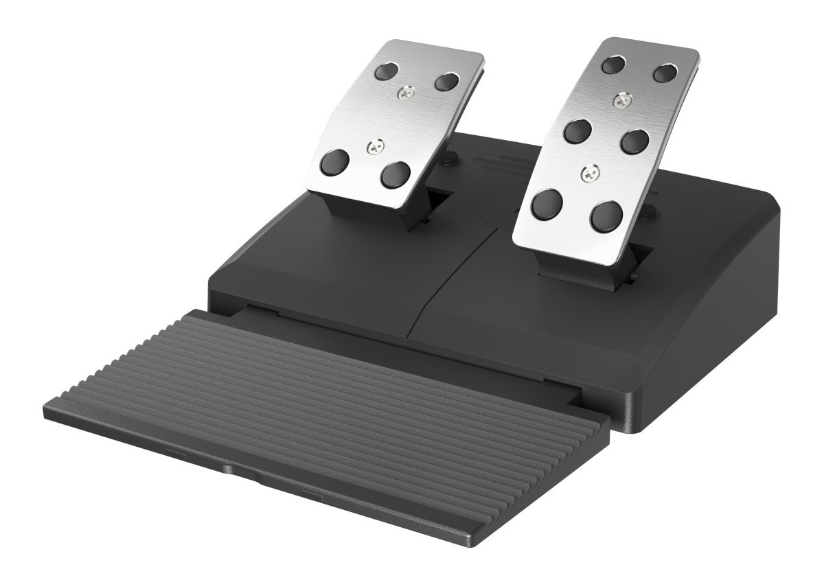 Czarne pedały do gier na podstawie, z dwoma srebrnymi pedałami i podnóżkiem.