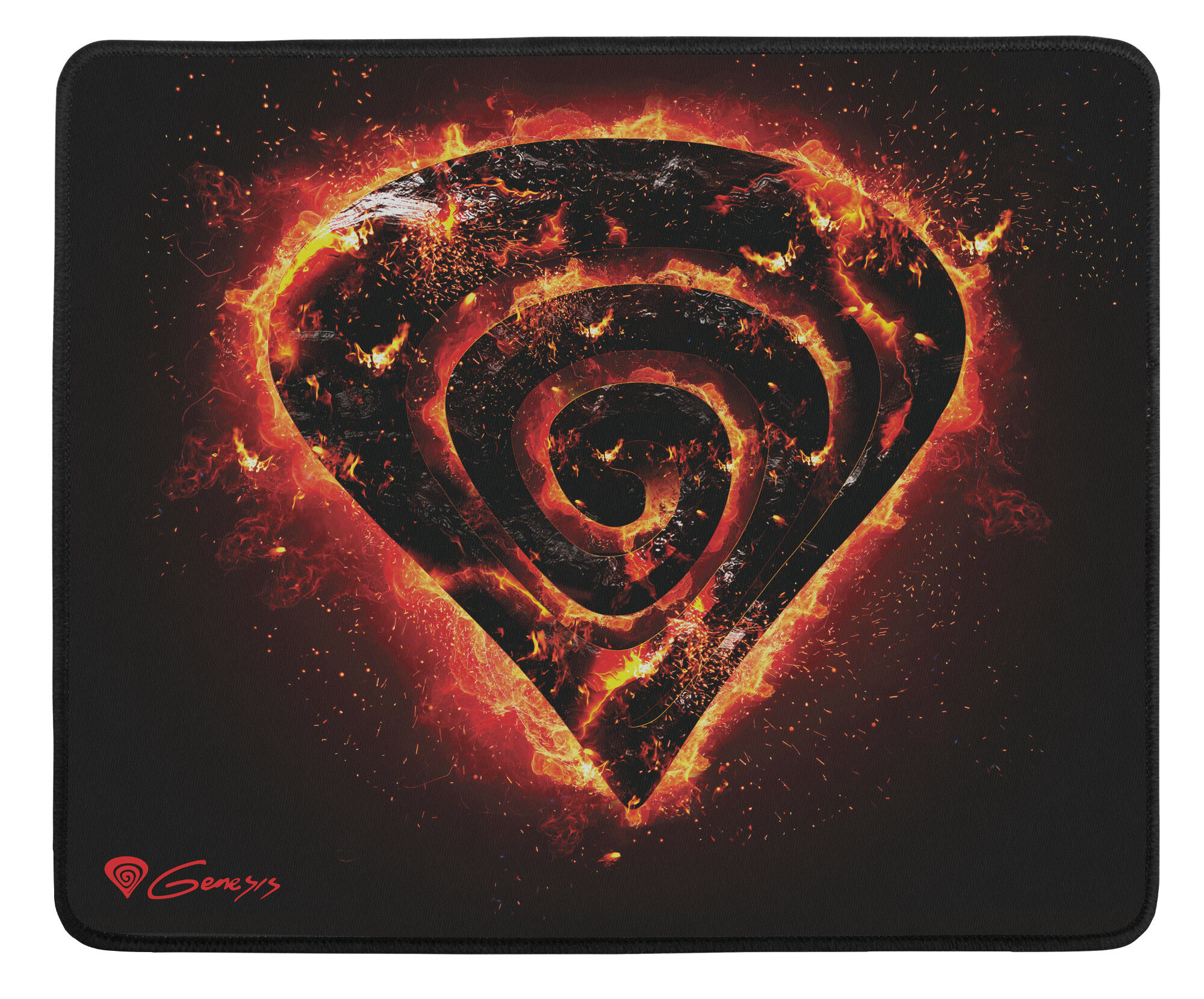 Czarna podkładka pod mysz z płonącym godłem czarnego rombu ze spiralą w środku.