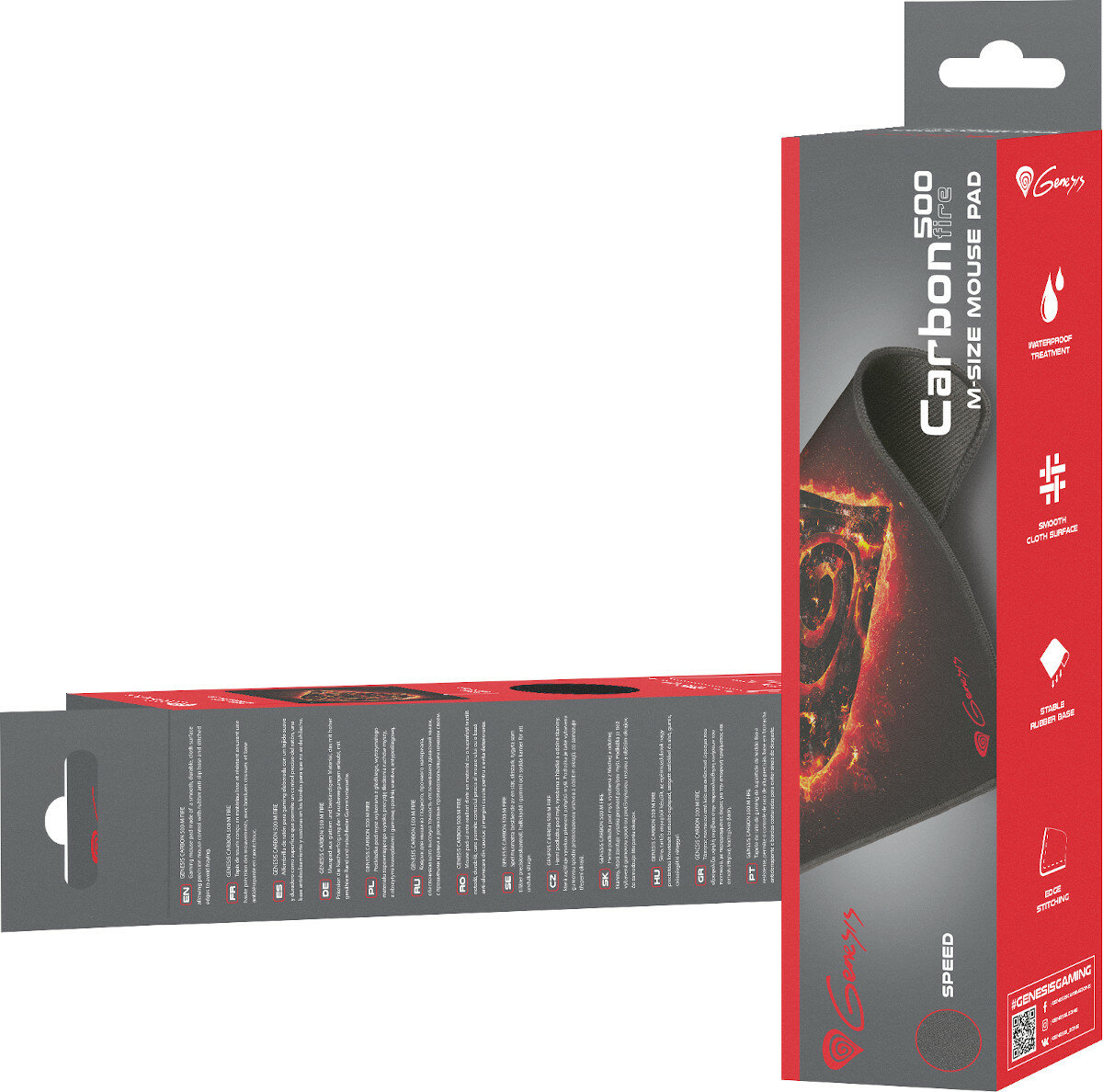 Pudełko podkładki pod mysz. Czarno-czerwony design. Pokazuje produkt i jego funkcje.