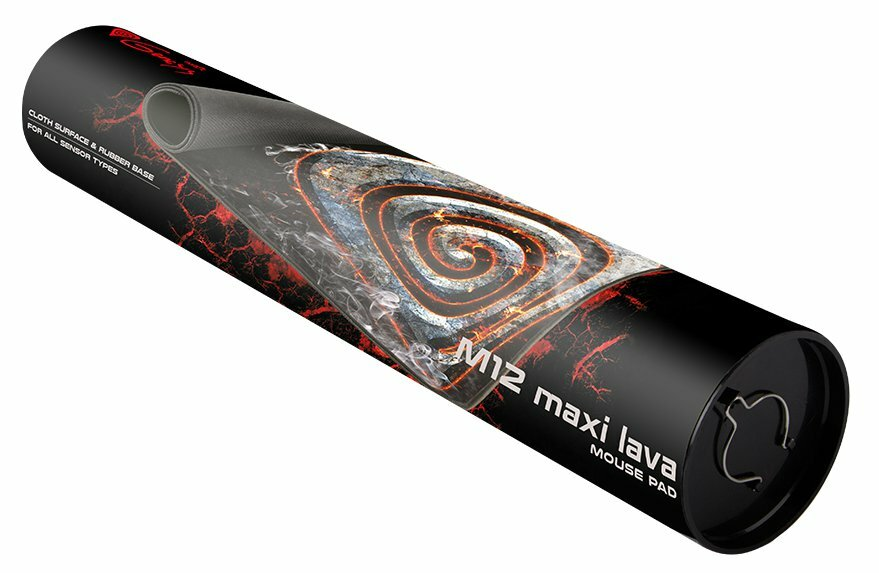 Czarna podkładka pod mysz zwinięta w tubę. Ma czerwono-szary wzór ze wzorem wirowym.