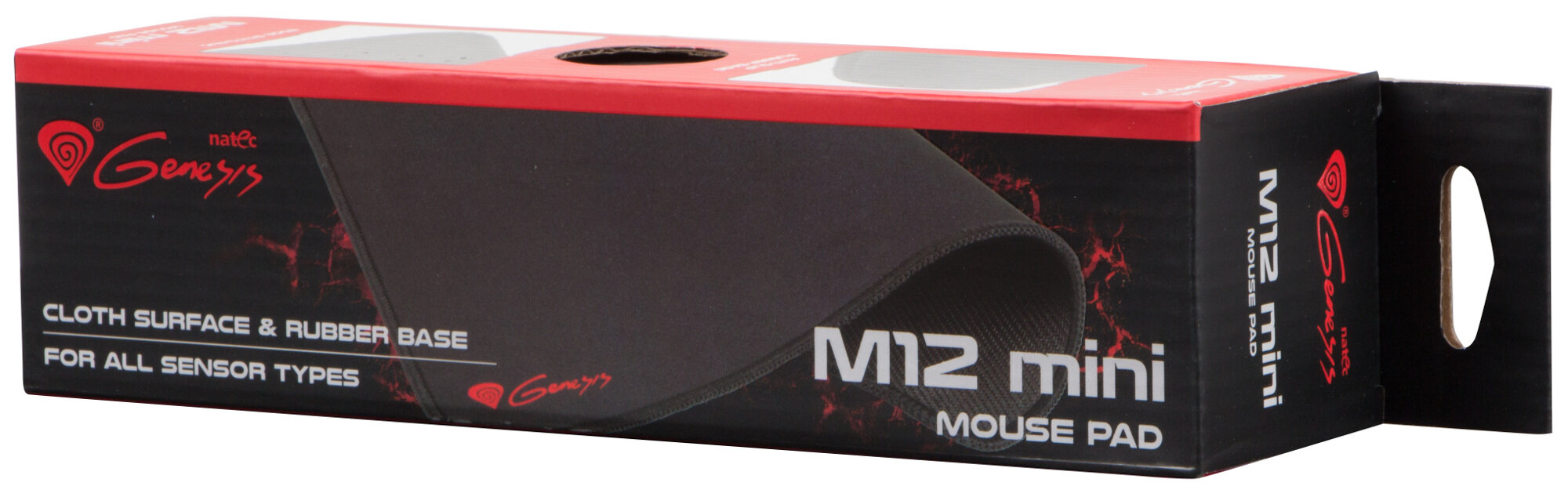 Czarno-czerwone pudełko podkładki pod mysz. Na pudełku napis M12 mini mousepad i logo Genesis.
