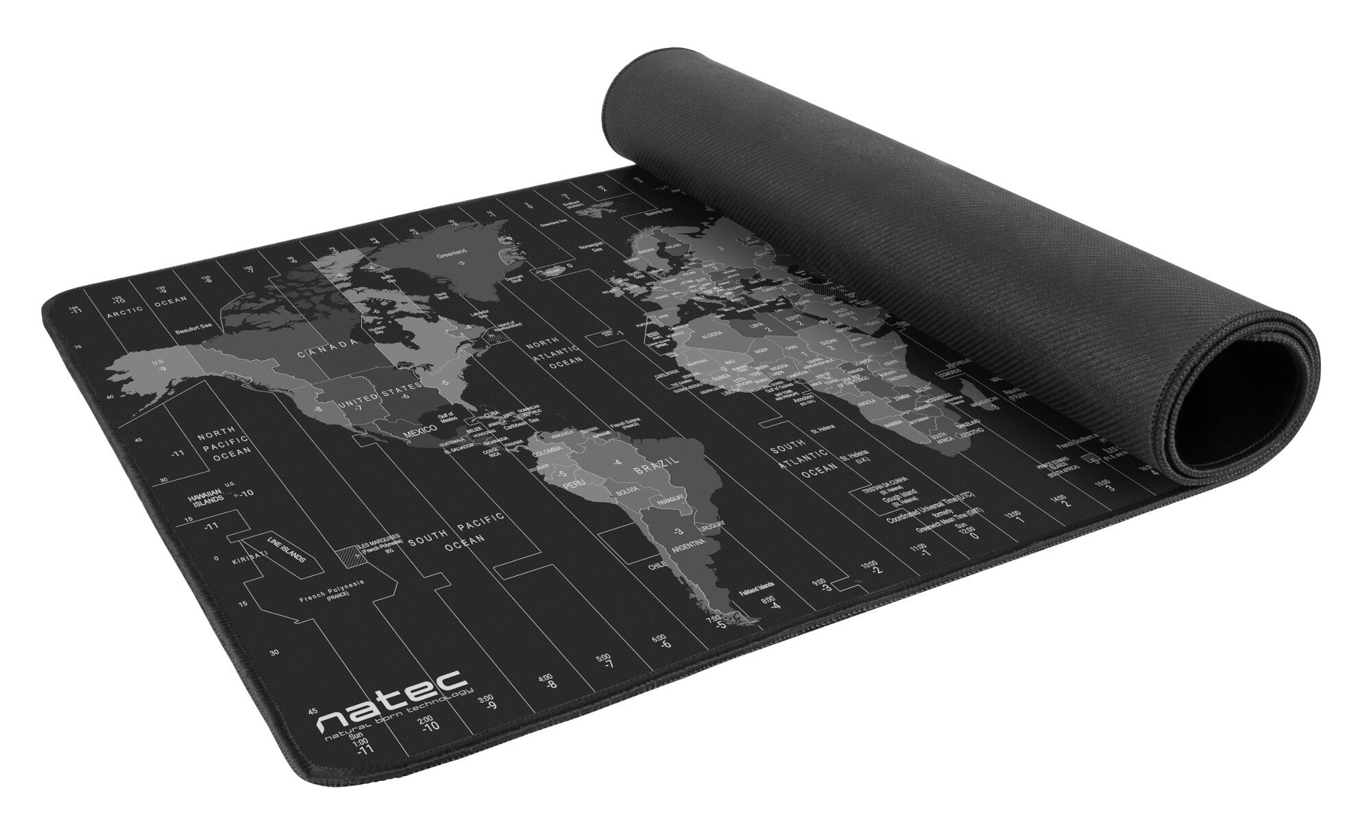 Wyświetlana jest czarno-szara podkładka pod mysz z mapą świata i oznaczeniami stref czasowych.