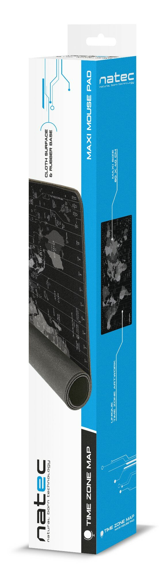 Wysokie pudełko na podkładkę pod mysz, zadrukowane mapą świata i oznaczone 'Time Zone Map'.