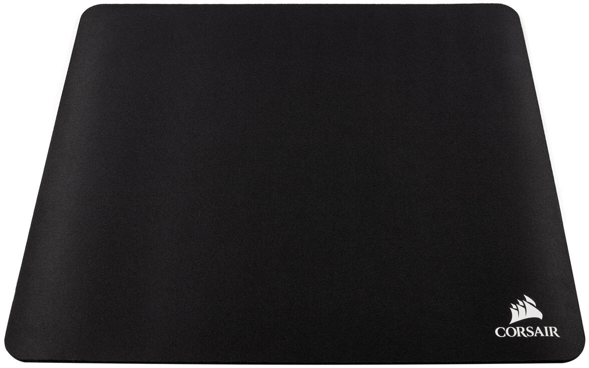 Czarna prostokątna podkładka pod mysz z logo Corsair w rogu.