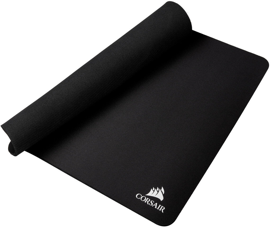 Czarna podkładka pod mysz Corsair, częściowo zwinięta, z widocznym logo Corsair.