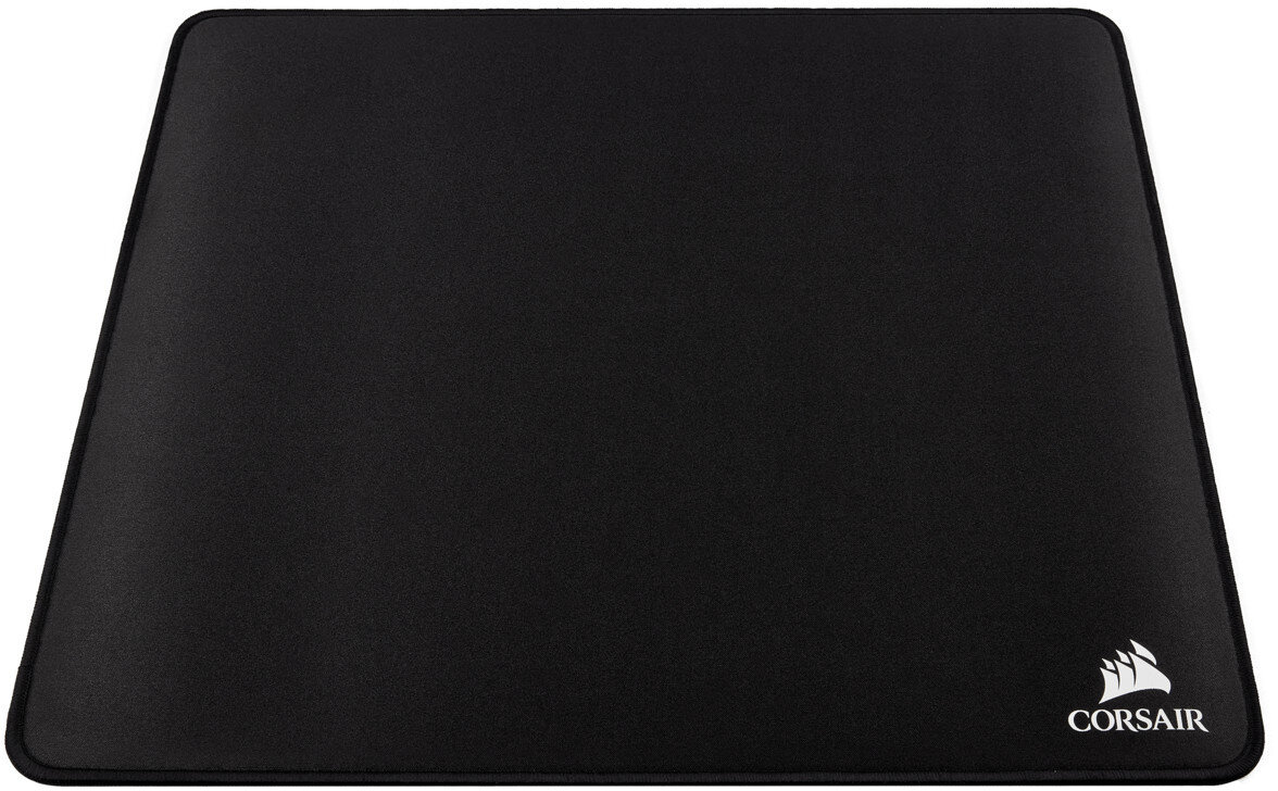 Czarna podkładka pod mysz Corsair z logo Corsair w rogu.