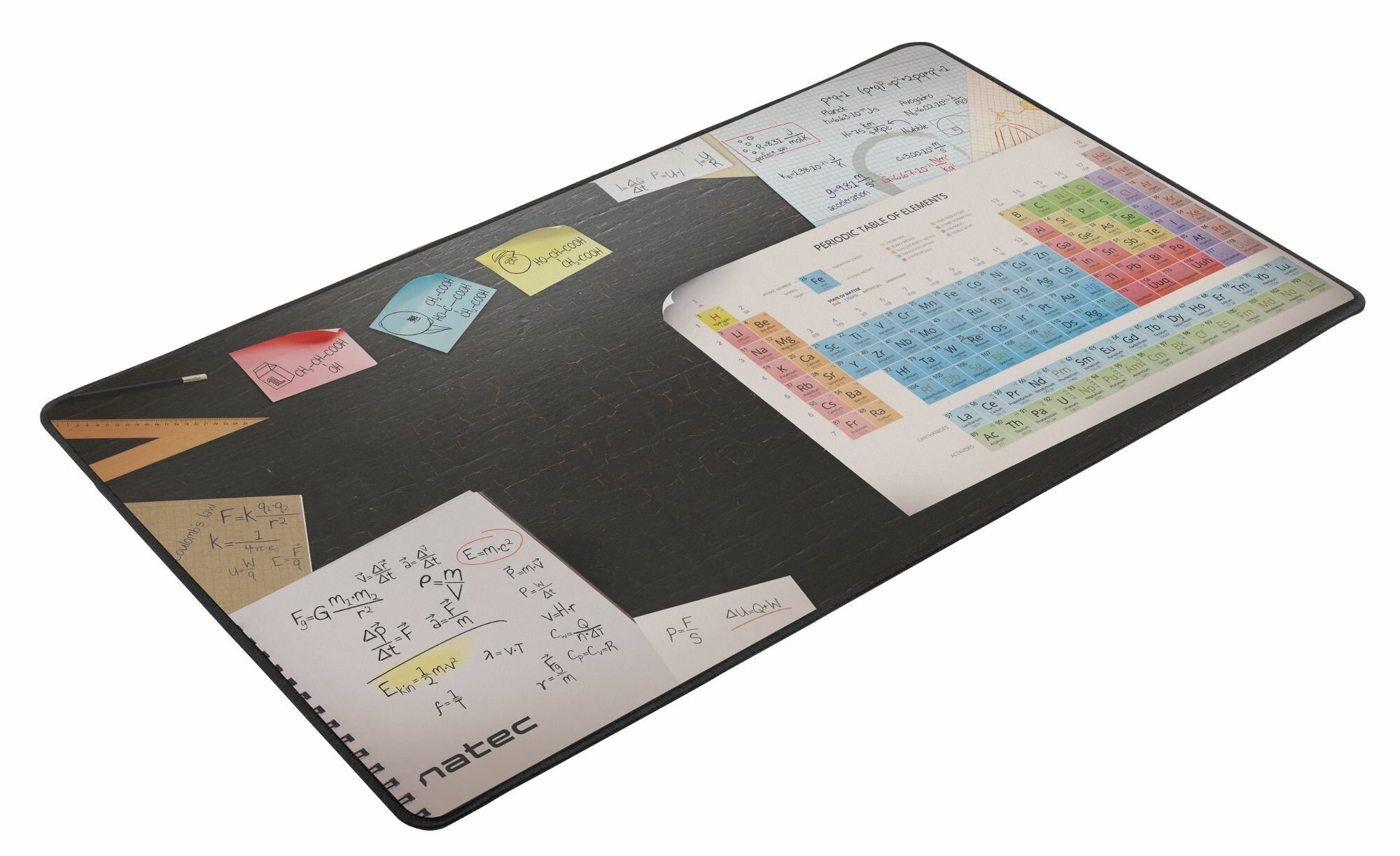 Czarna podkładka na biurko z notatkami, układem okresowym i kątomierzem.