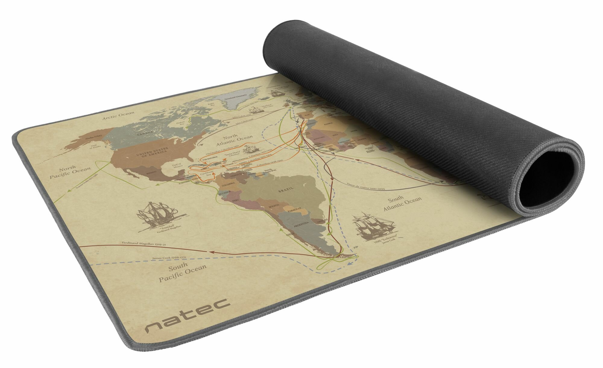 Podkładka pod mysz z mapą świata. Szare krawędzie, szary spód, mapa.