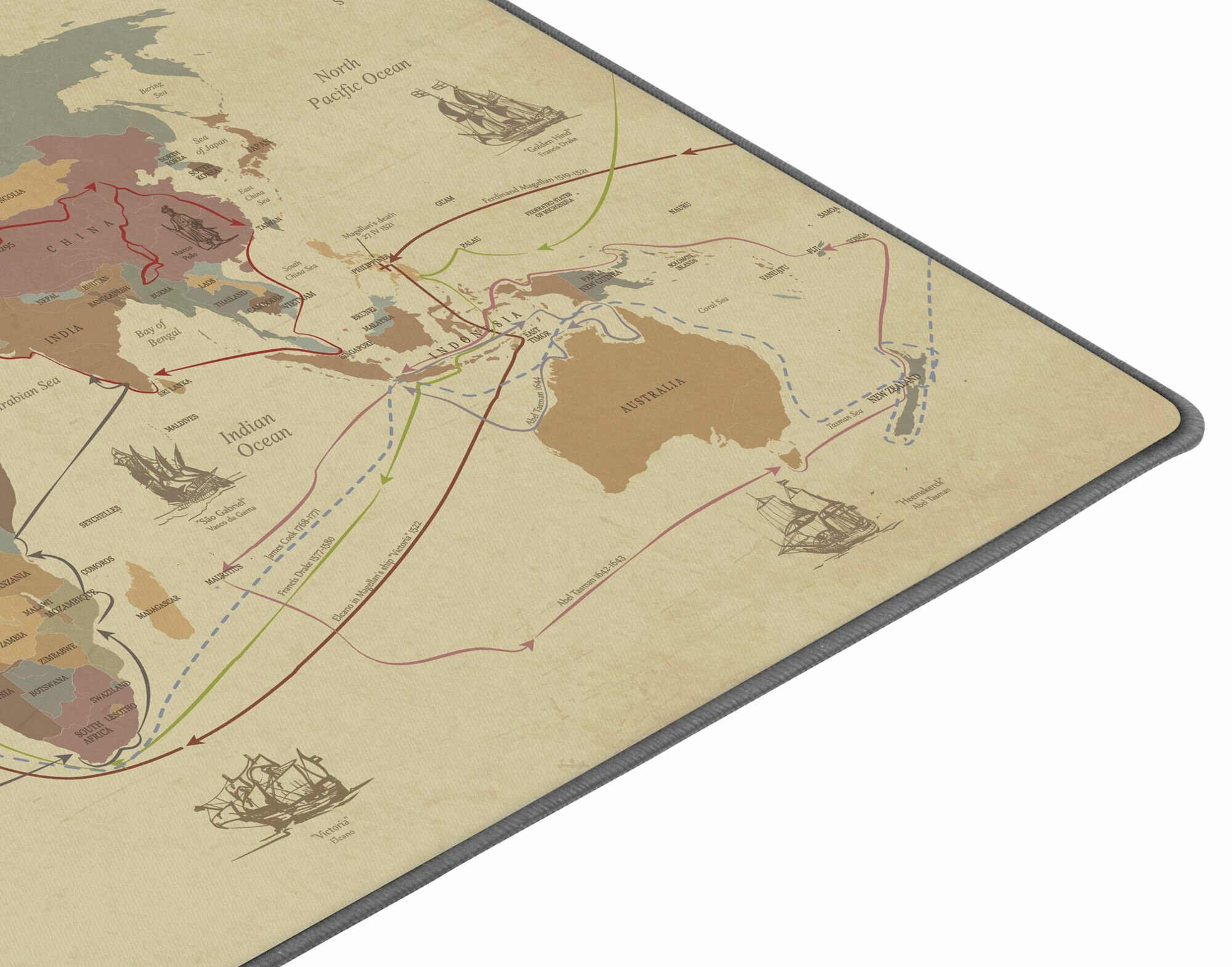 Mapa świata z trasami żeglugi, pokazująca kontynenty i oceany, w schemacie beżowo-szarym.
