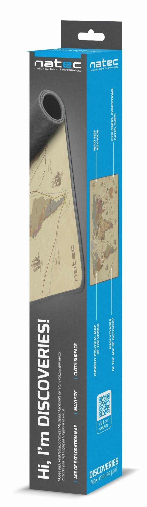 Wysokie pudełko z mapą na podkładce pod mysz, nazwą marki i szczegółami produktu.