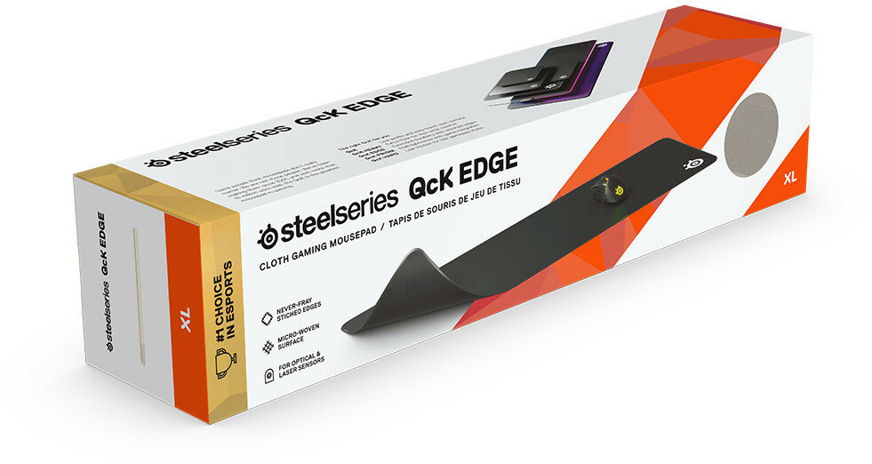 Podkładka pod mysz Steelseries QcK Edge w pudełku, z podkładką w środku.