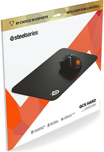 Czarna podkładka pod mysz z myszą na wierzchu, w pudełku z tekstem.