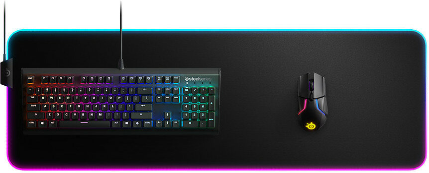 Podkładka pod mysz z klawiaturą i myszą. Czarna mata z obramowaniem RGB i podświetleniem klawiatury.