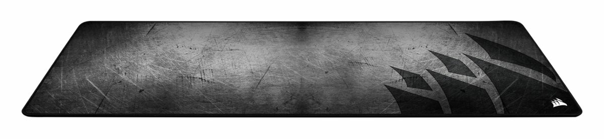 Czarna i szara podkładka pod mysz z logo Corsair i teksturowaną powierzchnią.