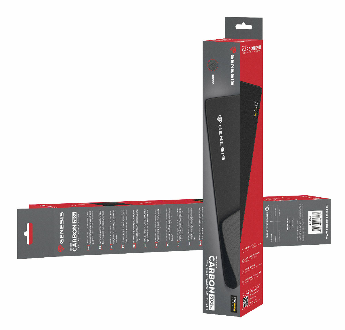 Dwie czarne i czerwone podkładki pod mysz Genesis Carbon 700 XXL w opakowaniu.