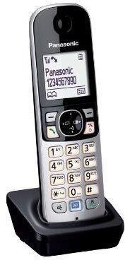 Telefon bezprzewodowy na czarnej podstawie. Srebrno-czarny telefon z numerami na ekranie.