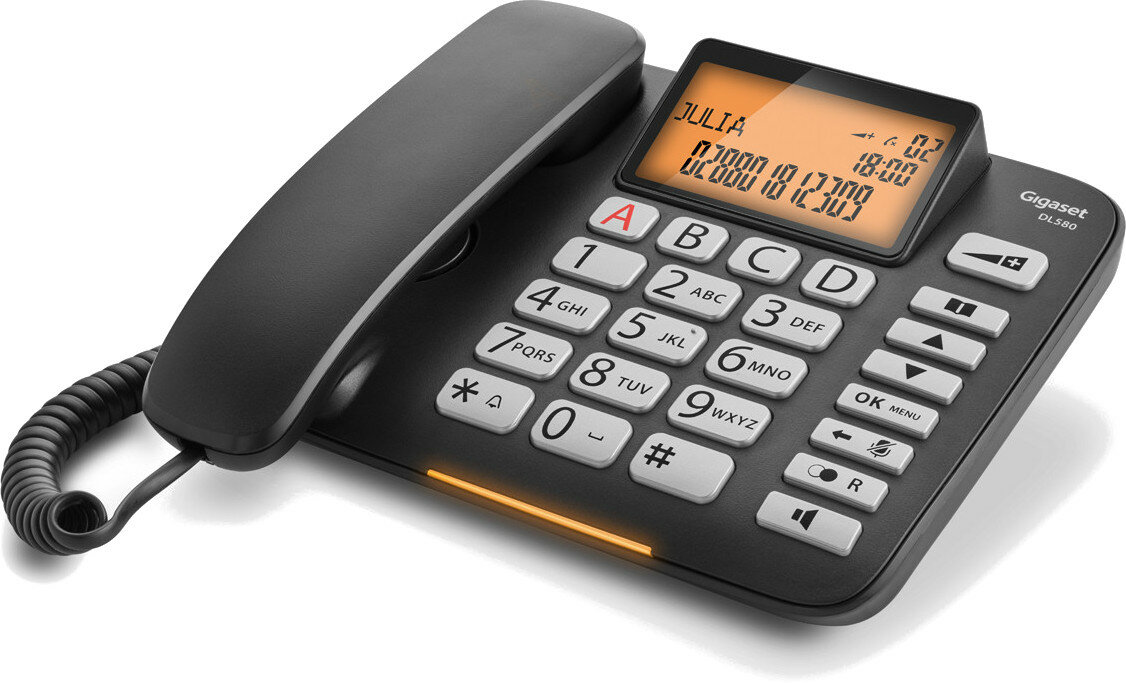 Czarny telefon stacjonarny Gigaset z dużymi przyciskami i wyświetlaczem z imieniem i numerem.