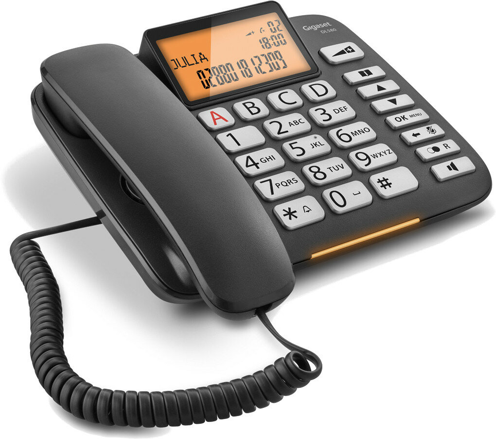 Czarny telefon stacjonarny z wyświetlaczem cyfrowym. Telefon ma podstawę z przyciskami i słuchawkę.