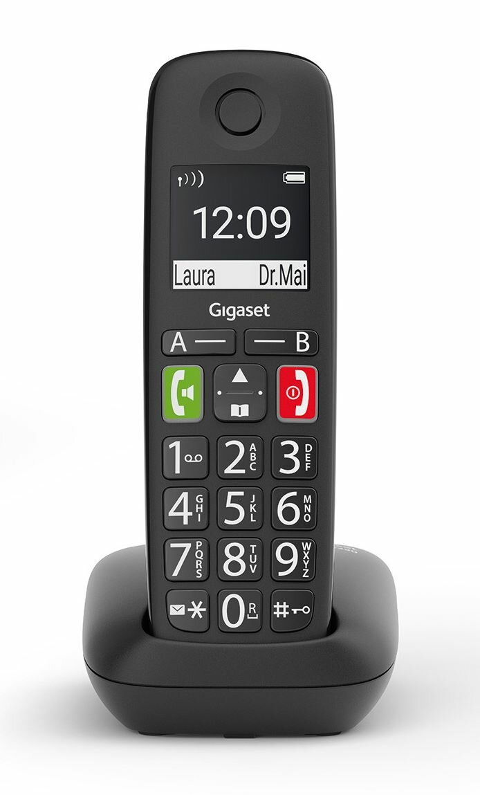 Czarny telefon bezprzewodowy Gigaset na podstawie. Ekran wyświetlający godzinę i info o dzwoniącym.