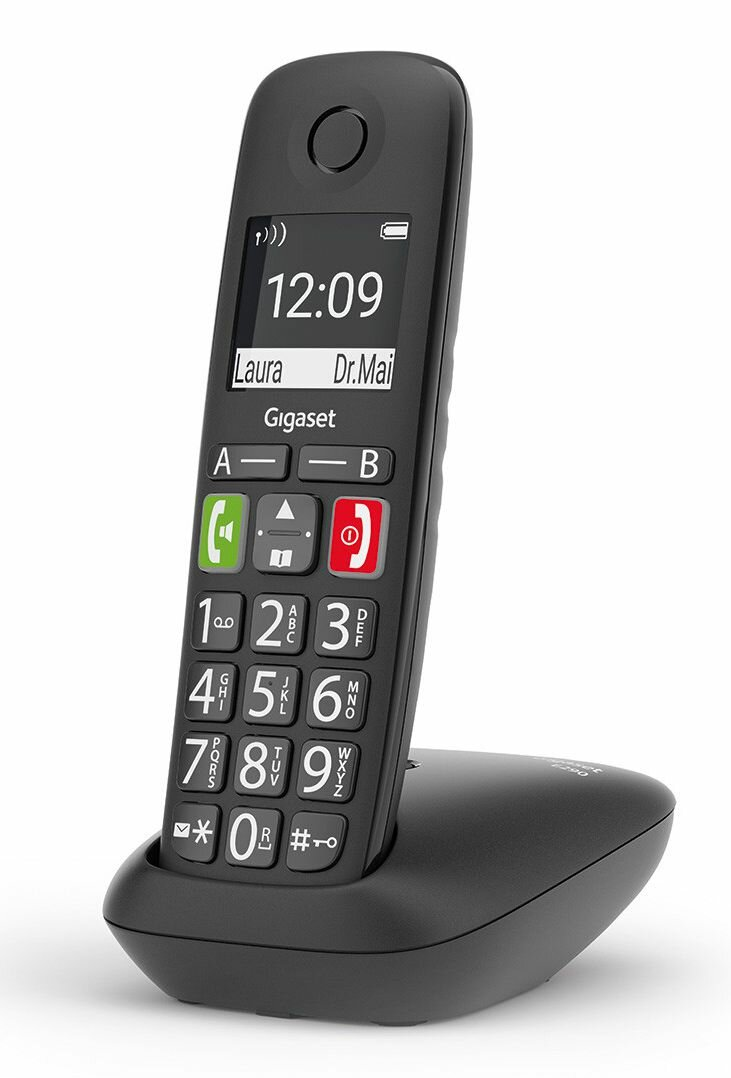 Czarny telefon bezprzewodowy na podstawie. Ekran wyświetla czas i informacje o dzwoniącym.