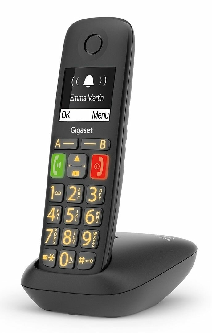 Czarny telefon bezprzewodowy na czarnej podstawie, z ekranem wyświetlającym 'Emma Martin' i przyciskami.