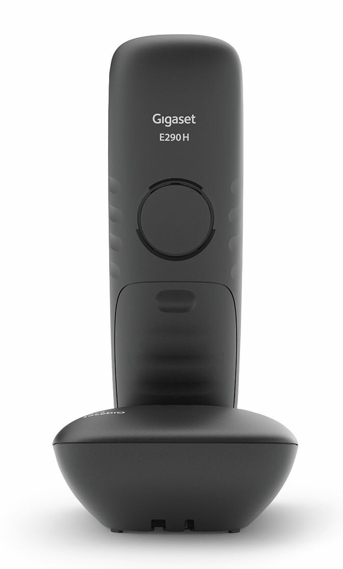 Czarny telefon bezprzewodowy z bazą. Telefon ma logo Gigaset.