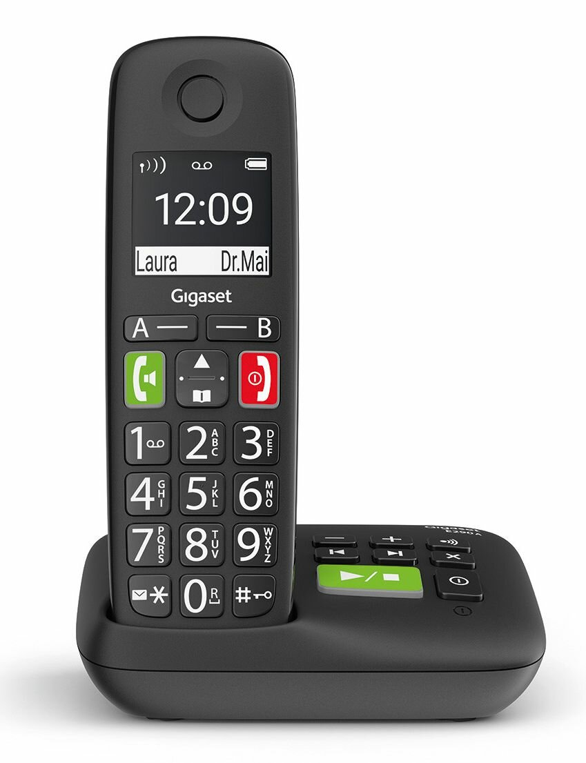 Czarny telefon bezprzewodowy z czarną podstawą. Ekran wyświetla godzinę i kontakt.