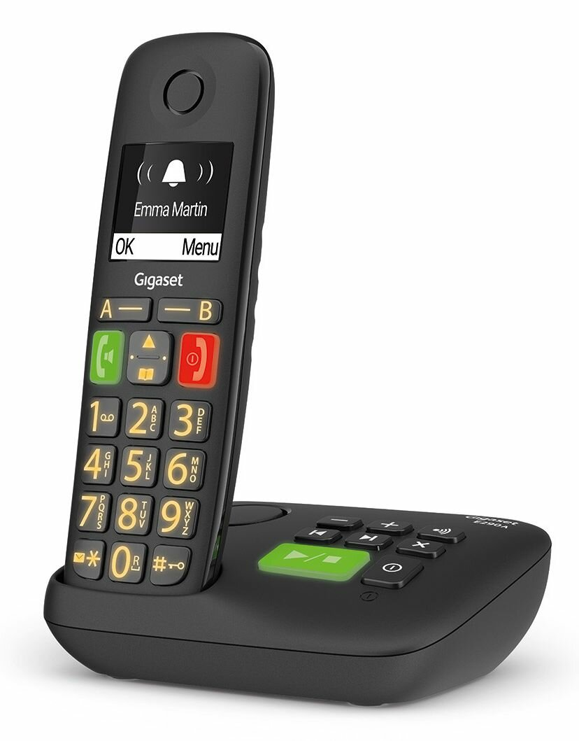 Czarny telefon bezprzewodowy Gigaset na podstawie. Wyświetla ekran z imieniem i klawiszami numerycznymi.