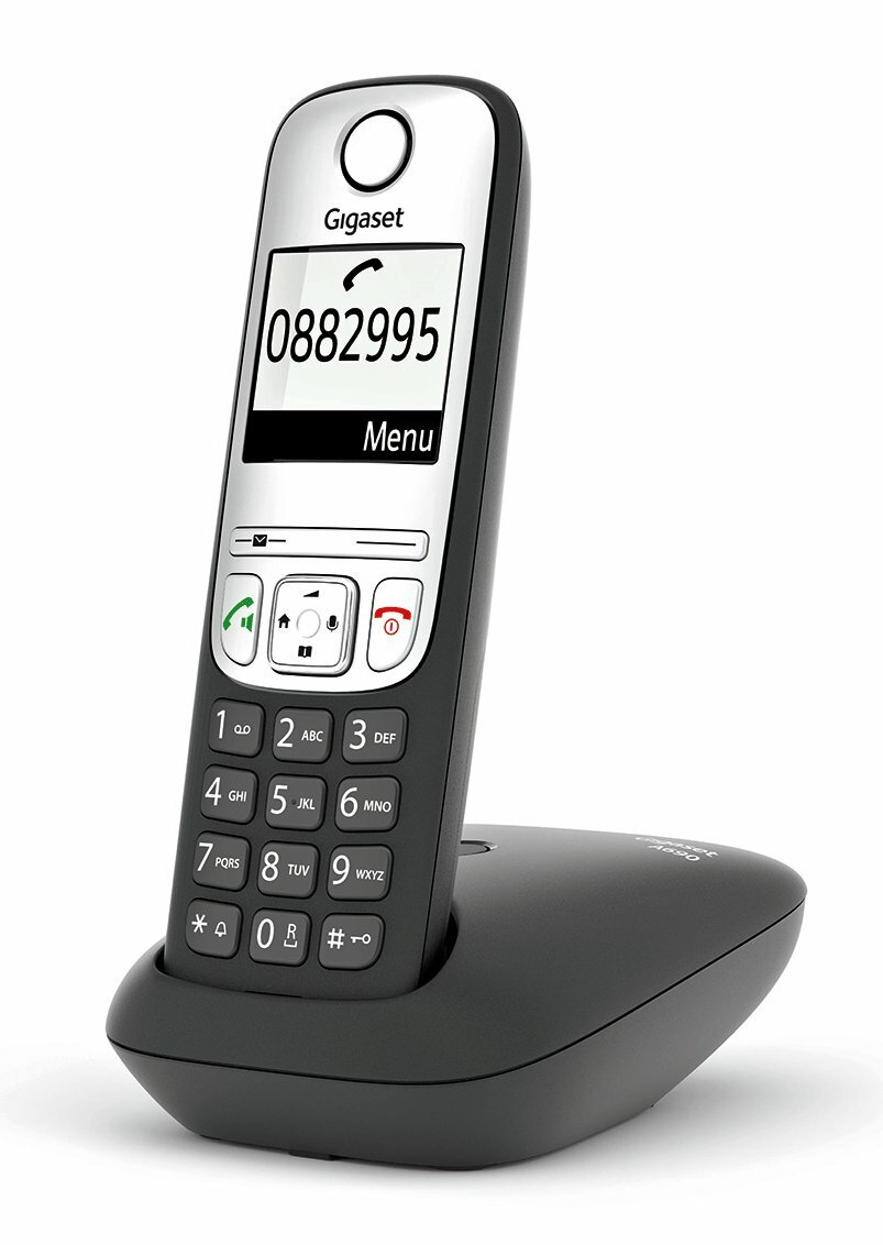 Czarny telefon bezprzewodowy Gigaset z ekranem wyświetlającym numer.