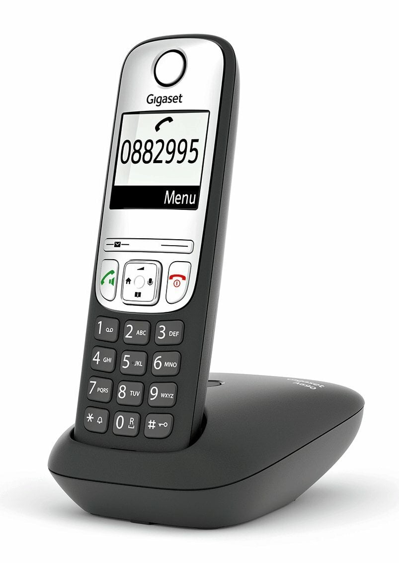 Czarny telefon Gigaset na stojaku, z numerem i przyciskiem menu.