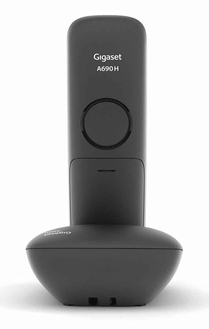 Czarny telefon Gigaset A690H jest pokazany w pozycji pionowej, z widoczną nazwą marki na górze.