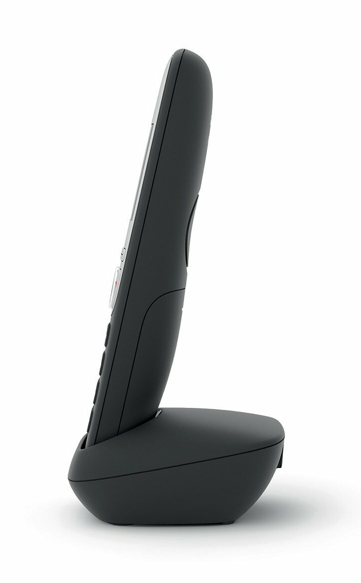 Czarny telefon stacjonarny Gigaset z boku. Telefon ma przyciski i ekran.