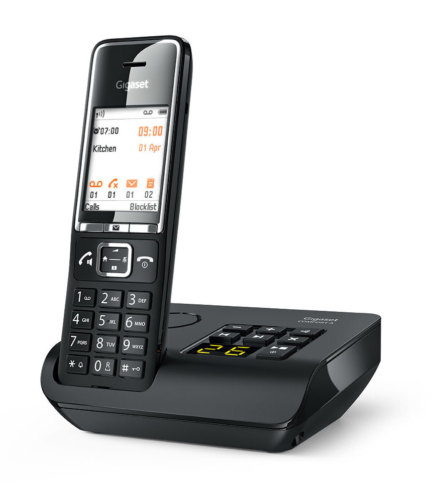 Czarny telefon bezprzewodowy Gigaset na podstawie, z wyświetlaczem informacji.