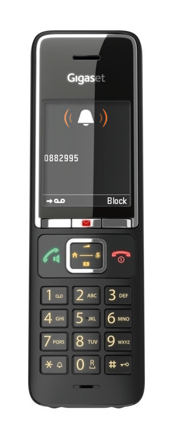 Czarny telefon Gigaset wyświetlający ekran połączenia.