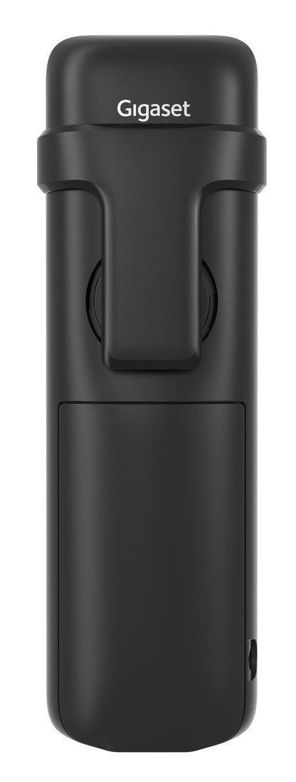 Czarny telefon Gigaset, widok z tyłu, z klipsem i nazwą marki na górze. Na białym tle.
