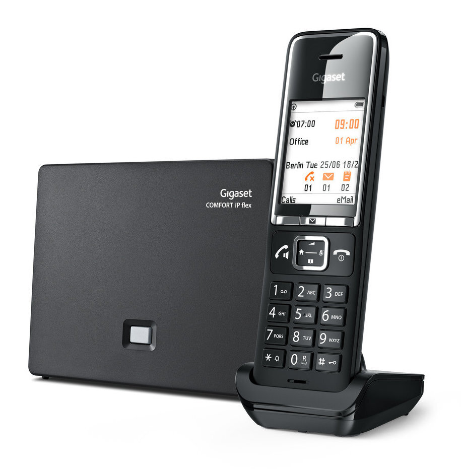 Czarna baza i słuchawka telefonu Gigaset, z wyświetlaczem.
