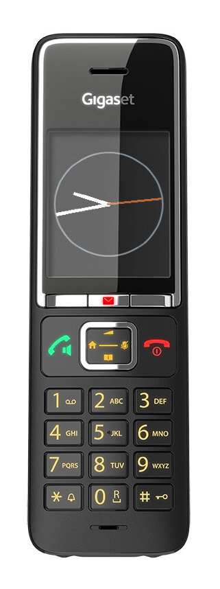 Czarny telefon Gigaset z przyciskami numerycznymi i ekranem pokazującym czas.