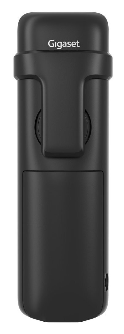 Czarny telefon Gigaset z klipsem do paska. Górna część z logo Gigaset.