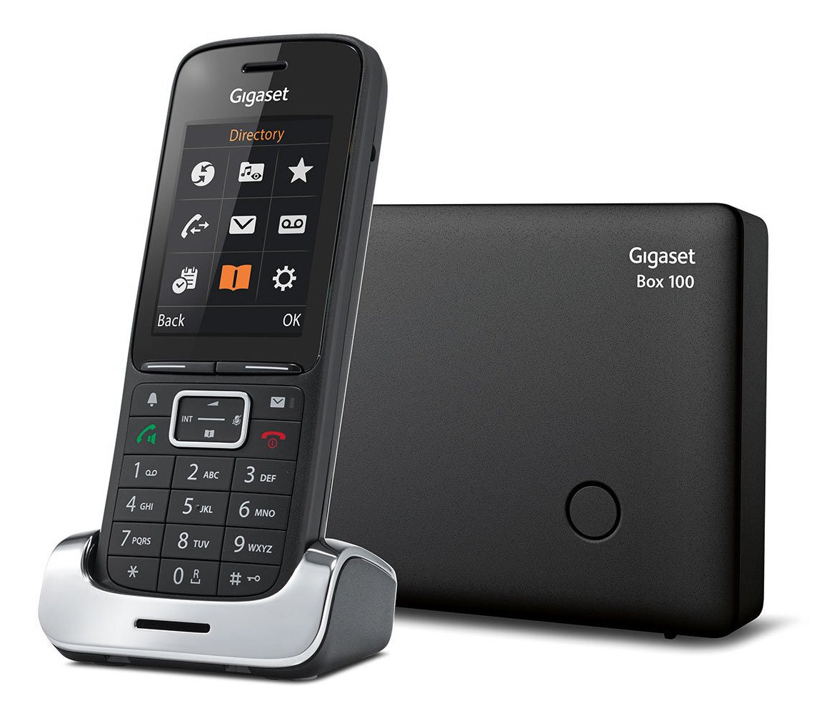 Czarny telefon Gigaset z bazą, pokazujący ekran i klawiaturę.