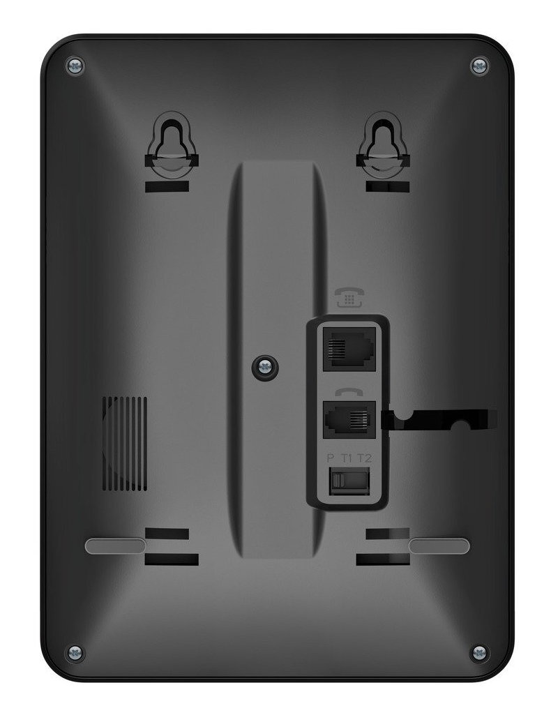 Tył czarnego telefonu naściennego. Posiada dwa porty RJ45 i przycisk. Montowany na ścianie za pomocą śrub.