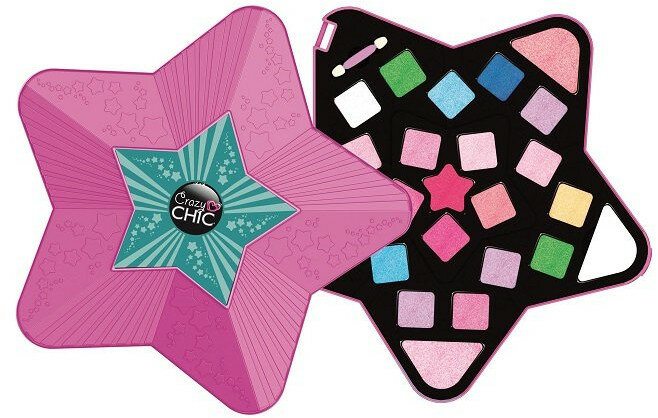 Zestaw do makijażu w kształcie gwiazdy, otwarty, aby pokazać różne kolory cieni do powiek i aplikatory.