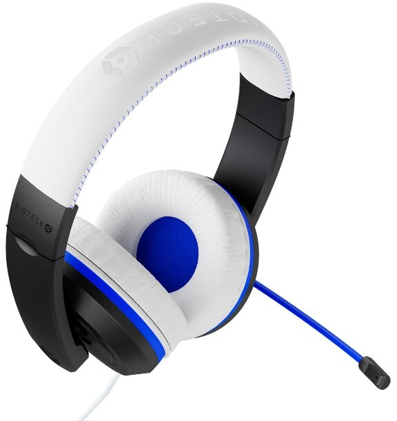 Biało-niebieski zestaw słuchawkowy dla graczy z mikrofonem.