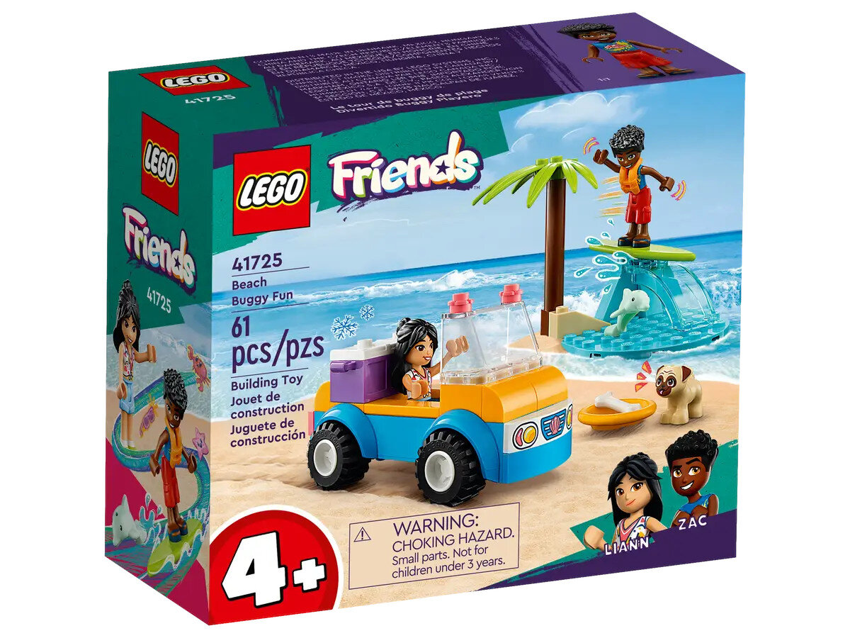 Pudełko zestawu LEGO Friends. Zawiera buggy, scenę plażową i minifigurki osób i psa.